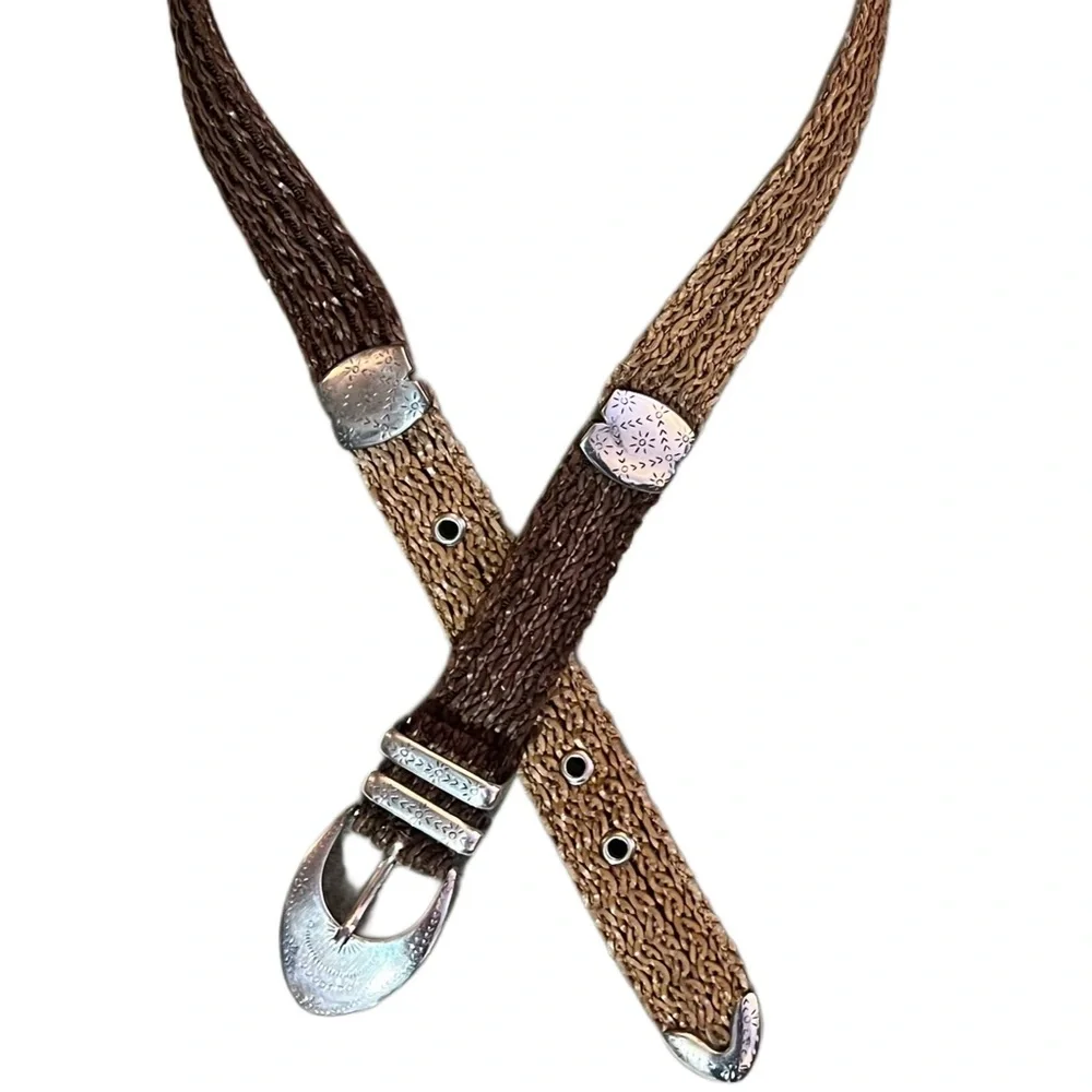 Street Ahead Tan & Brown Woven Belt with Silver Etched Buckle Sz 32”